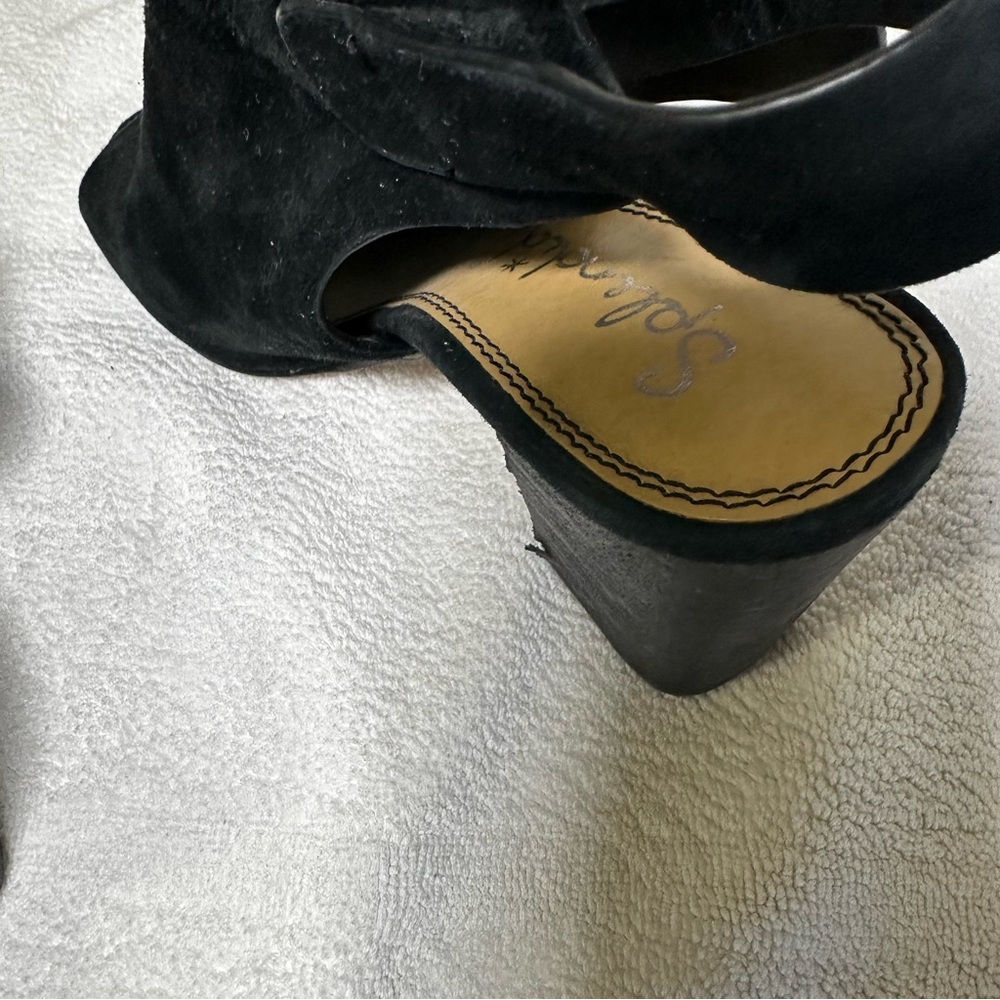 Black Suede Peep Toe Heeled Booties - Picture 8 of 16